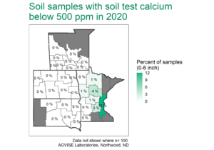 Soil samples with soil test calcium below 500 ppm in 2020